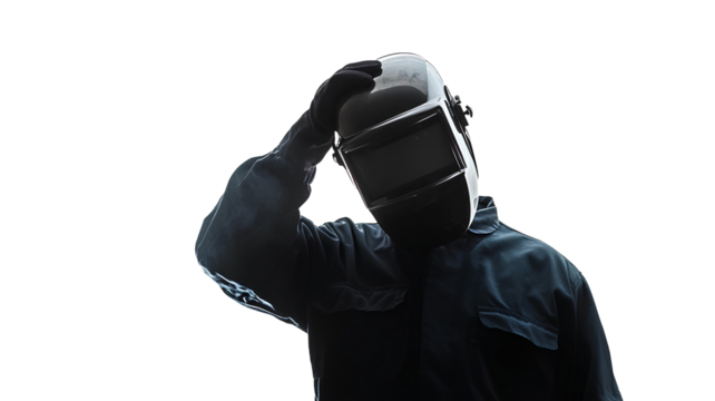 male welder wearing protective mask isolated on transparent background