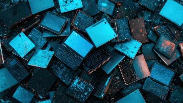 Aerial View of Piled Old Laptops in Various Conditions on a Blue Background Creating a Unique Pattern of Technology Waste 4k video footage