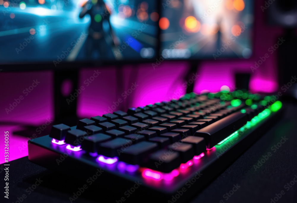 Poster rgb backlit gaming keyboard with colorful lighting on a desk in a gaming setup
