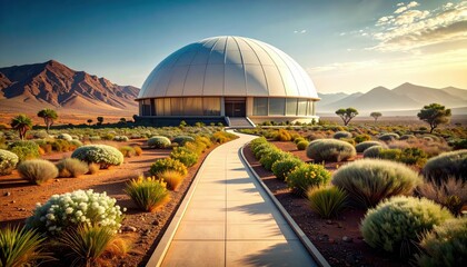 Obraz premium Futuristic Research Dome Pathway in Barren Desert Landscape