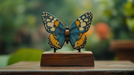 Wooden butterfly figurine on a stand