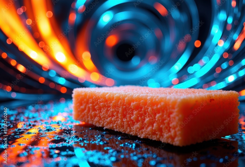 Poster bright colorful abstract tunnel with a sponge in the foreground creating a vibrant scene