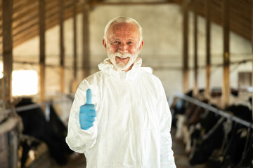 A smiling farmer in protective gear gives a thumbs up in the barn, showcasing optimism and care for his cows and their environment.
