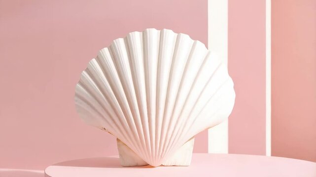 Minimalist seashell still life featuring a white scallop shell sitting on a pastel pink podium against a geometric soft pink backdrop.