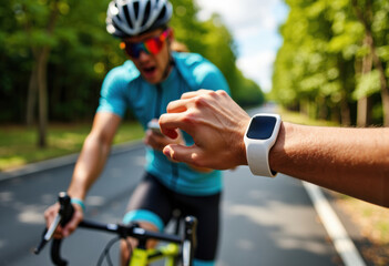 Naklejka premium Cyclist wearing a smartwatch checks time or notifications during a ride on a scenic road