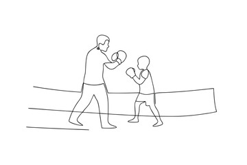 Line drawing boxing coach training young boxer