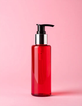 Red cosmetic pump bottle on pink. Shampoo, hand cream or body lotion. Cosmetic product.