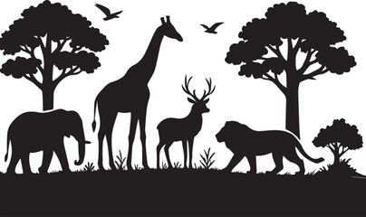 African Safari Silhouette Majestic Elephants, Giraffes, Lions, and Deer in a Serene Savannah Landscape