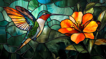 Detailed stained glass hummingbird and flower artwork.