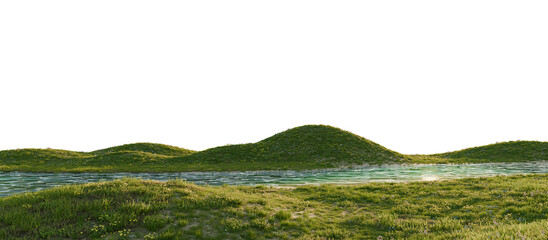 Stylized green hills with river stream and natural lighting. 3D rendering.