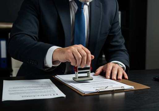 Professional man in an office setting applying an official stamp to legal documents on his desk.