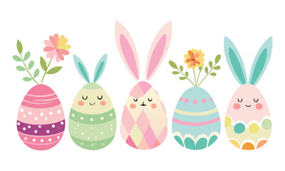 Adorable Pastel Easter Eggs with Bunny Ears & Tiny Flowers Vector Set