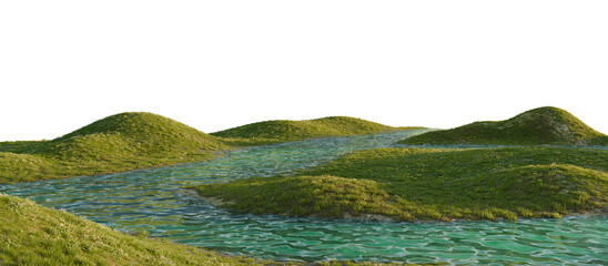 Stylized green hills with river stream and natural lighting. 3D rendering.