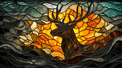 Detailed stained glass window depicting a deer.