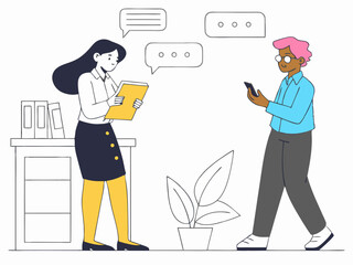 Office colleagues having a professional conversation in modern workspace with speech bubbles and documents