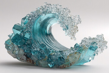 A photorealistic modern glass sculpture of a wave with faceted aquamarine and frosted glass