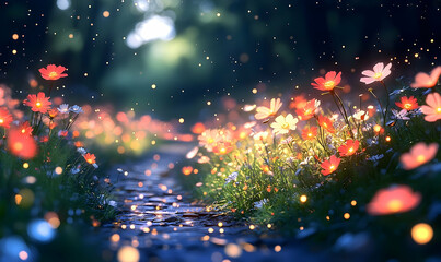 Enchanted path lined with illuminated wildflowers, leading into a blurred, magical forest with bokeh lights
