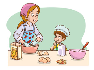 Vector illustration of mother and children making cake or bread in the kitchen