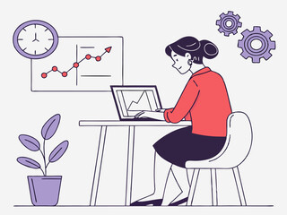 Flat illustration of office woman concentrating on graph charts and performance analytics
