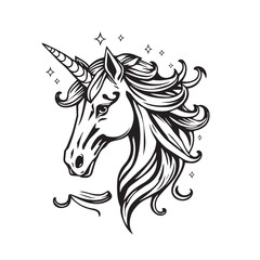 Elegant black and white unicorn head illustration