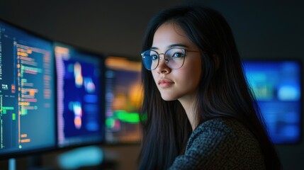 A woman wearing glasses looking at computer screens in a room