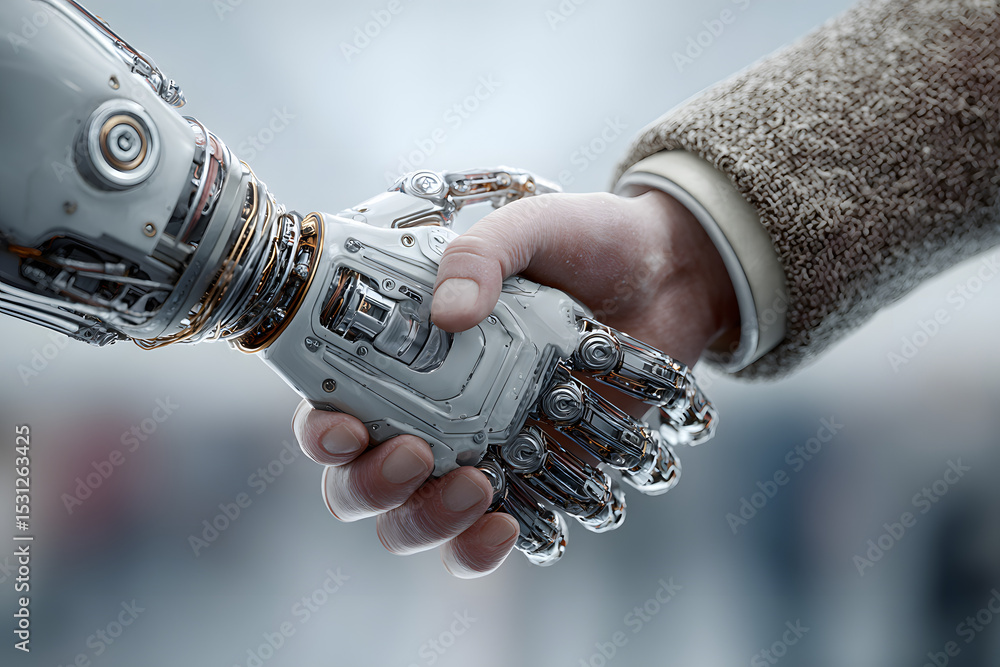 Poster human and robot handshake symbolizing ai partnership and technological collaboration in a futuristic
