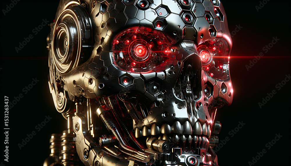 Poster close up view of a metallic robot skull with glowing red eyes on a black background