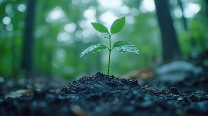 Young sprout emerging from damp earth in a forest