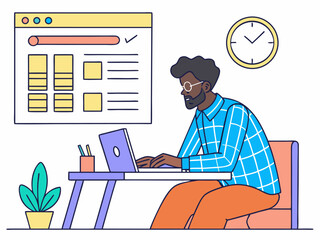 Minimalistic workspace with businessman typing at desk with calendar clock and paperwork around