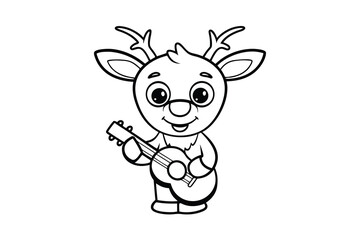 Adorable reindeer playing ukulele line drawing cute cartoon illustration