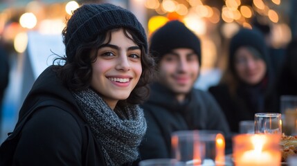 Young people gathered outdoors at night