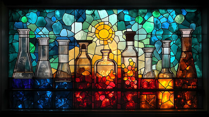 Colorful stained glass window depicting various laboratory glassware.