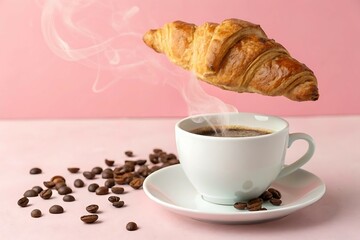 Fresh hot coffee with a delicious croissant, perfect for a morning breakfast snack