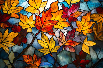 Multicolored stained glass design of autumn leaves.