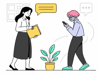 Businesswoman holding folder talking to coworker checking smartphone in corporate office environment