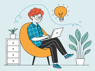 Creative young man with red hair brainstorming new ideas while working on laptop