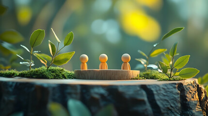 Small wooden figures on a tree stump surrounded by greenery.