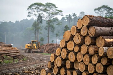 Stacked pine logs in a forest woodpile against the sky