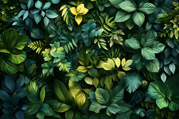 Close-up view of a diverse collection of tropical leaves.