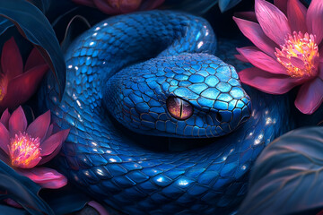 Detailed illustration of a vibrant blue snake amidst delicate pink flowers.
