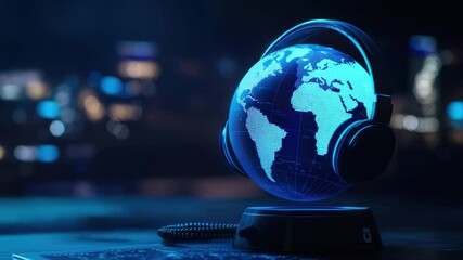 Futuristic Global Connectivity Concept with Digital Earth and Headphones Representing Music and Technology Integration 4k video footage