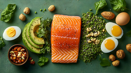 Healthy food assortment on a green surface.