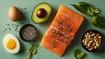 Healthy food selection displayed on a pale teal surface.