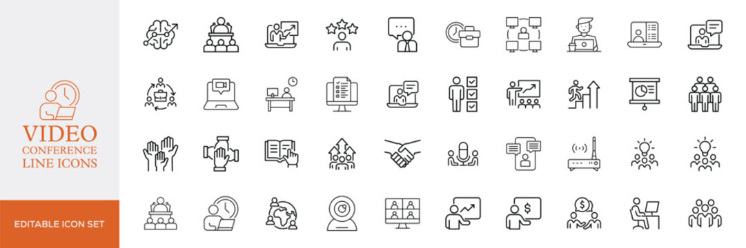 Big set of video conference line icons. Meeting, online, live, call etc. Editable stroke