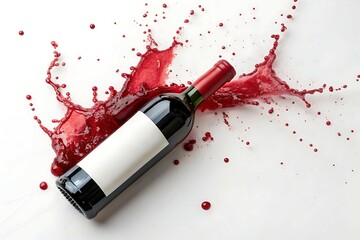 Red wine splashes as it's poured from a bottle into a glass, a vibrant red liquid beverage