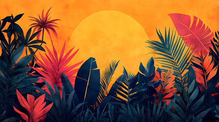 Vibrant tropical foliage against a sunset backdrop.