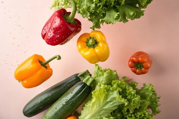Fresh, healthy vegetables including tomatoes, cucumbers, and peppers isolated on a white background