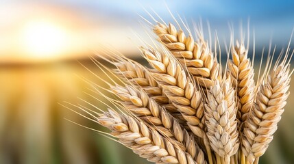 Close-up of golden wheat stalks illuminated by warm sunlight against a blurred background