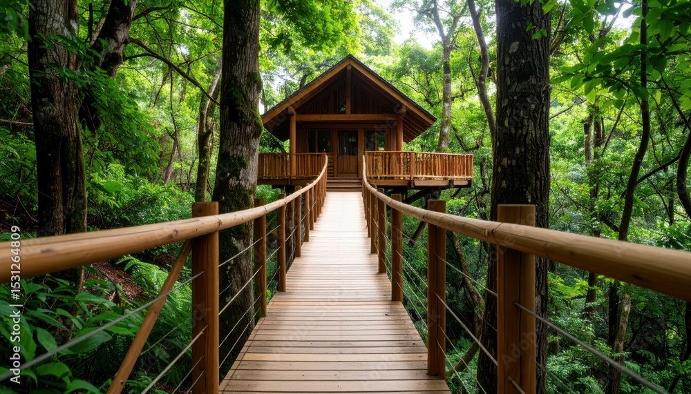 Poster serene pathway leading to a hidden treehouse in forest canopy