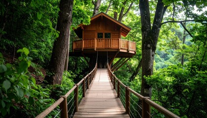 Fototapeta premium Secluded Treehouse Pathway in Forest Canopy Surrounded by Nature